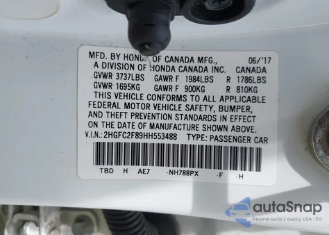 2017 Honda Civic Ex из США, поврежденный, VIN 2HGFC2F89HH553488